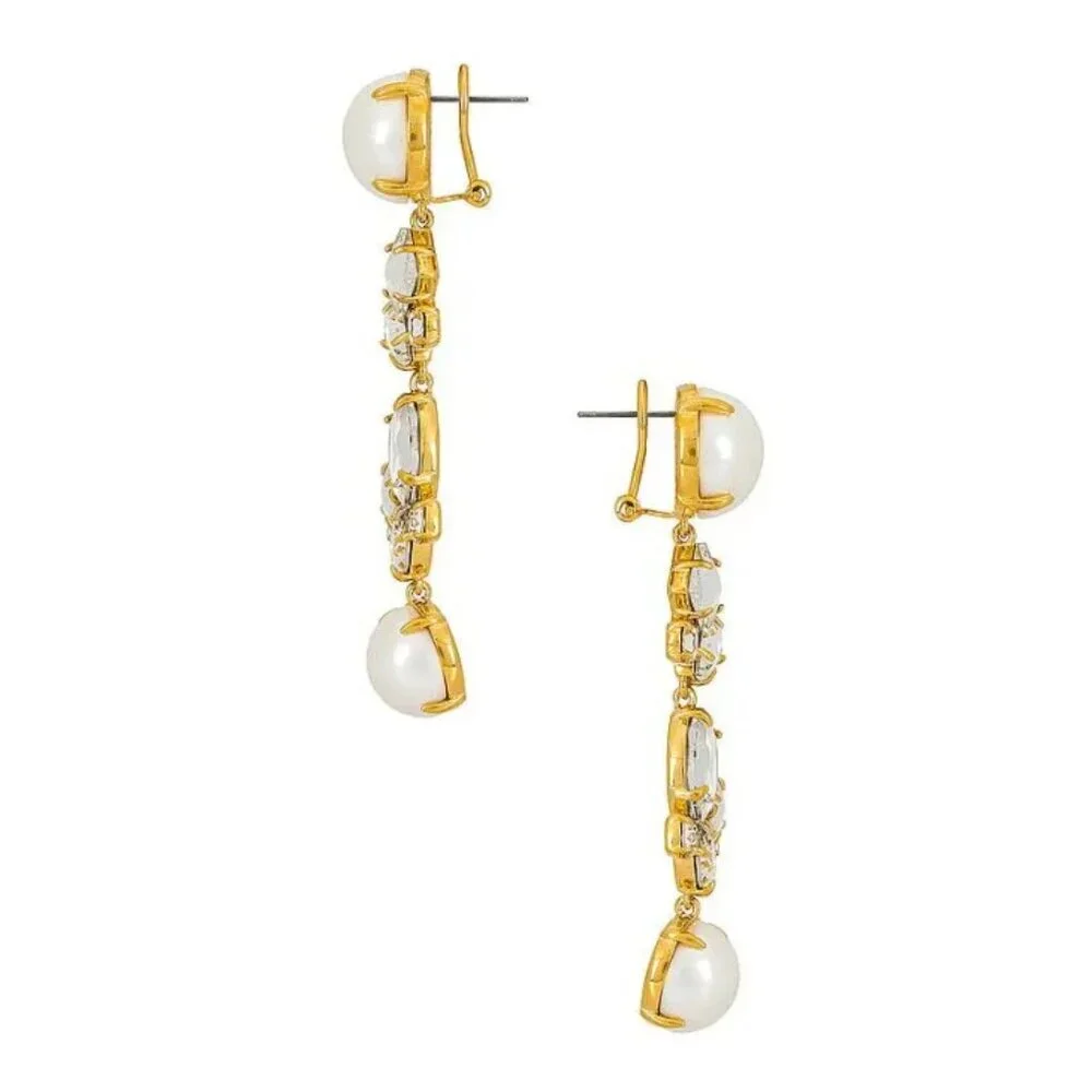 PREOWNED $250 LELE SADOUGHI GOLD PLATED PEARL & CRYSTAL DROP PIERCED EARRINGS